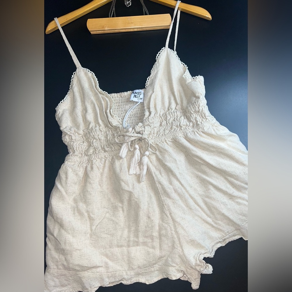 Princess Polly Colleen Linen Blend Romper in Beige Size 12 NWOT